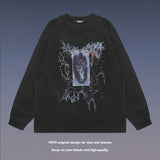 Men Long Sleeve Shirt Graffiti Printing Casual Couple's Tops Washed Long Sleeve T-shirt for Men and Women
