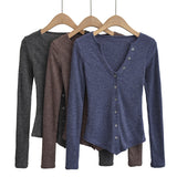 Women T-Shirt Top Women Autumn and Winter Undershirt Short V-neck Knitted