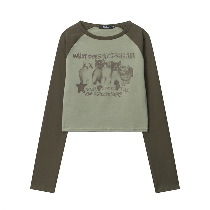 Women Long Sleeve T-Shirt Retro Cat Printing Long Sleeve T-shirt Girls Spring and Autumn Sleeve