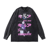 Men Long Sleeve Shirt Anime Print Washed Long Sleeve T-shirt Men and Women Hip Hop
