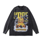 Men Long Sleeve Shirt Vintage Portrait Washed Long Sleeve T-shirt Men and Women Distressed
