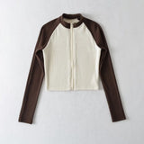Women T-Shirt Retro Color Matching Long-Sleeved T-shirt Women's Autumn and Winter Zipper Cardigan