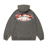 Men Hoodie Flame Printed Hoodie Washed Old and Dirty Loose Top
