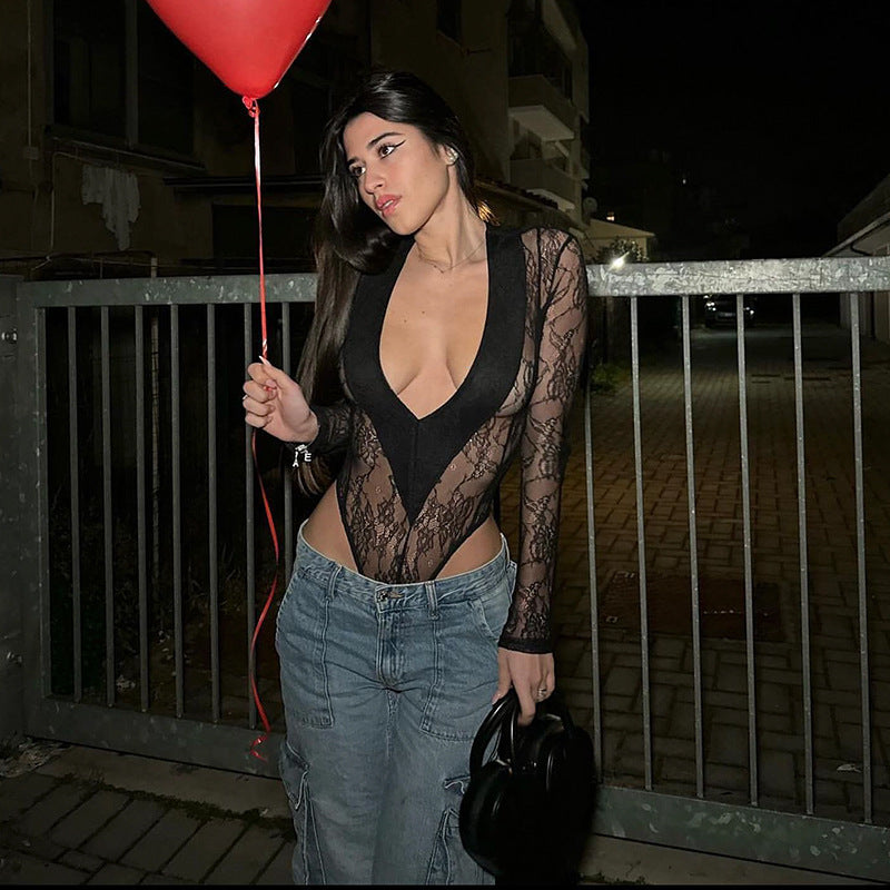 Women Jumpsuit Mesh Stitching Jumpsuit Long-Sleeved Top