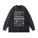 Men Long Sleeve Shirt Hip Hop Retro Cartoon Printed Distressed Long Sleeve T-shirt for Men and Women