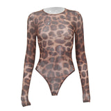 Women Jumpsuit round Neck Long Sleeve Sexy Leopard Print Jumpsuit