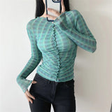 Women T-Shirt Long Sleeve Bottoming Shirt Personality Mesh Sun-Protective Clothing