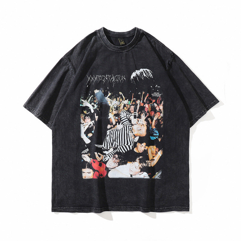 Men T Shirt Vintage Printed Casual Loose round Neck Washed and Worn T-shirt