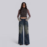Women Cargo Pants Jeans Women Stitching Casual Straight Pants