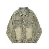 Men Denim Jacket Distressed Stitching Denim Jacket Men's Loose Pu Handsome Wash Jacket