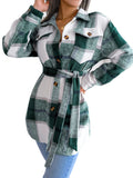 Plaid Trench Coat Casual Contrast Color Plaid Long-Sleeved Woolen Coat