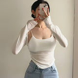 Women Long Sleeve Shirt Short Pleated Suspender Vest