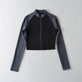 Women T-Shirt Retro Color Matching Long-Sleeved T-shirt Women's Autumn and Winter Zipper Cardigan