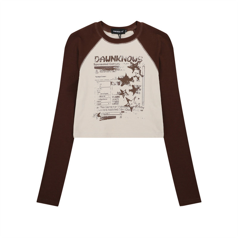 Women Long Sleeve T-Shirt Printed Long Sleeve T-shirt Girls Fall Color-Blocking Top