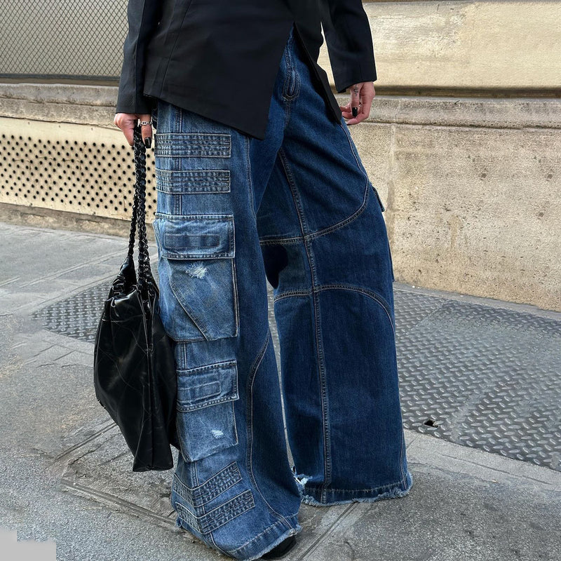 Women Cargo Pants Stitching Jeans Women's Autumn Loose Wide-Leg Pants