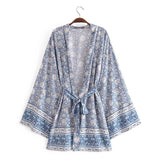 Women T-Shirt Spring Printed Cardigan Long Sleeve Belt Top