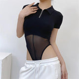 Women T-Shirt Spring/Summer Lapel Mesh Stitching Fashion Tight