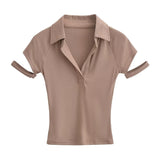 Women T-Shirt Slim Polo Collar Short Sleeve T-shirt Female Summer Patchwork Top