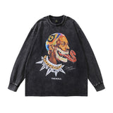 Men Long Sleeve Shirt Portrait Vintage Printed Long Sleeve T-shirt Men Worn Looking Washed-out