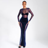Women Dresses Fashion Sexy Slim Long Sleeve Mesh Stitching