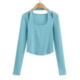 Women T-Shirt Halter U-Neck Long-Sleeved Fitted Short T-shirt