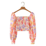 Women T-Shirt Printed Elastic Long Sleeve Top