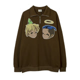 Men Hoodie Hip Hop Letter Print Sweatshirt Men's Lapel Pullover Zipped Stand Collar Cartoon Top