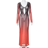 Woman Dresses Spring Printed Mesh V-neck Long-Sleeve Dress