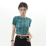 Women T-shirt Short-Sleeved T-shirt Women's Trendy round Neck Plaid Casual