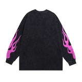 Men Long Sleeve Shirt Skull Flame Distressed Washed Long Sleeve T-shirt for Men and Women