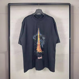 Men T-shirts Tokyo Tower Printed Washed Old Short Sleeves Loose Casual