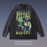 Men Long Sleeve Shirt Bili Portrait Vintage Long Sleeve T-shirt Men and Women Loose Washed-out Distressed