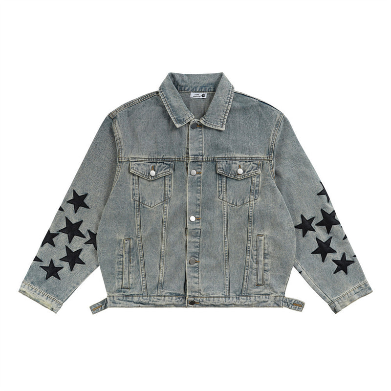 Men Denim Jacket XINGX Embroidered Stitching Denim Clothes Jacket Men's Autumn and Winter Washed and Worn Coat