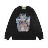 Men Hoodie Fuzzy Character Printed Crew Neck Sweatshirt