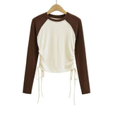 Women T-shirt Color Contrast Patchwork Drawstring Long Sleeve Top O-neck Short