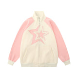 Men Hoodie Five-Pointed Star Embroidered Stand Collar Cardigan Sweater