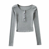 Women T-Shirt Button round Neck Long Sleeve T-shirt Women's Short