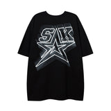Men T Shirt Five-Pointed Star Letter Print Couple Half Sleeve T-shirt Vintage Distressed Short Sleeve
