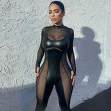 Women Jumpsuit Autumn Fashion Stitching Mesh round Neck