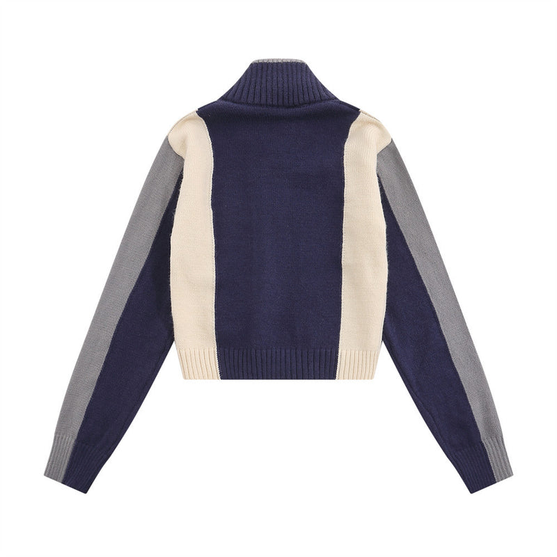 Women Sweater Color Block Embroidery Short Autumn Long Sleeve Sweater