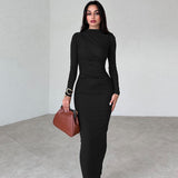 Women Dresses Winter Fashionable with Side-Slit Solid Color Long Sleeve Dress Women
