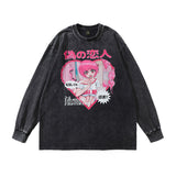 Men Long Sleeve Shirt Cartoon Printed Distressed Long Sleeve T-shirt Men's and Women's Bottoming Top