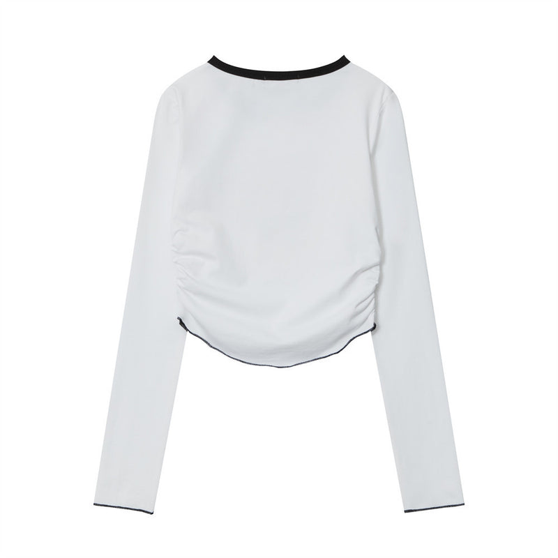 Women Long Sleeve T-Shirt Printed Pleated Short T-shirt for Girls Spring and Autumn round Neck