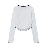 Women Long Sleeve T-Shirt Printed Pleated Short T-shirt for Girls Spring and Autumn round Neck