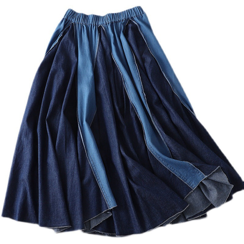 Women Skirt Elastic Waist Stitching Denim Skirt