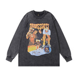 Men Long Sleeve Shirt Vintage Printed Washed and Worn Long Sleeve Bottoming T-shirt for Men and Women
