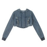 Women Hoodie Denim Hooded Sweater Women's Short Spring and Autumn Top