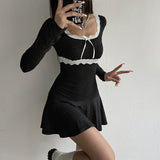 Women Dresses Lace Stitching Bow Cinched Pleated Top