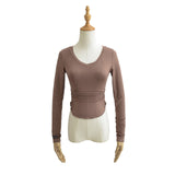Women T-Shirt Waist Pleated Design V-neck Bottoming Shirt Women's Autumn