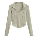 Women T-shirt High Waist Short T-shirt Female Autumn Long-Sleeved Top